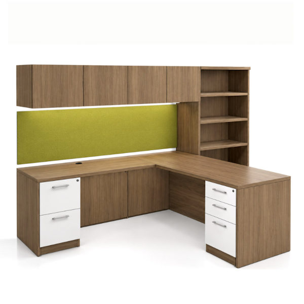 deskmakers convergence panel end L-desk with bookcase