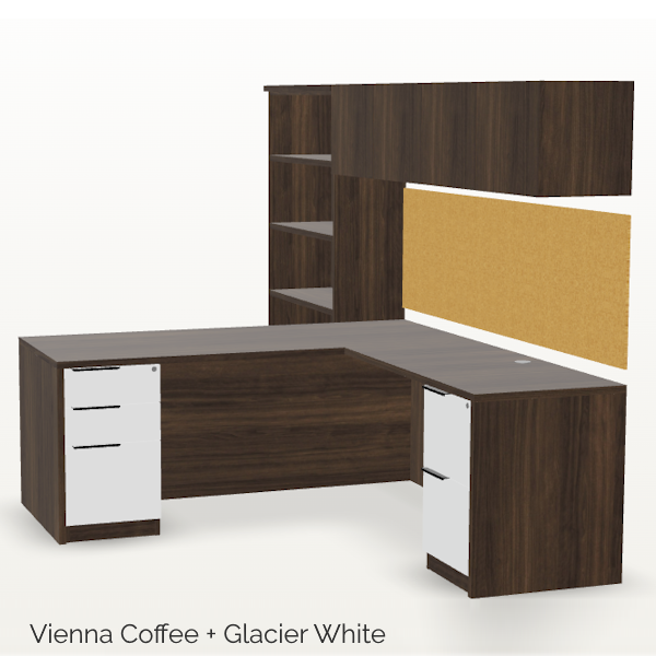 deskmakers convergence panel end L-desk with bookcase